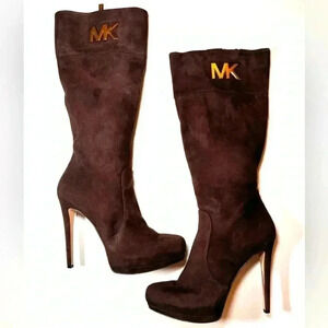 Michael Kors Women’s  Hayley Boots Coffee Brown Suede High Heels Size- 7 MK logo